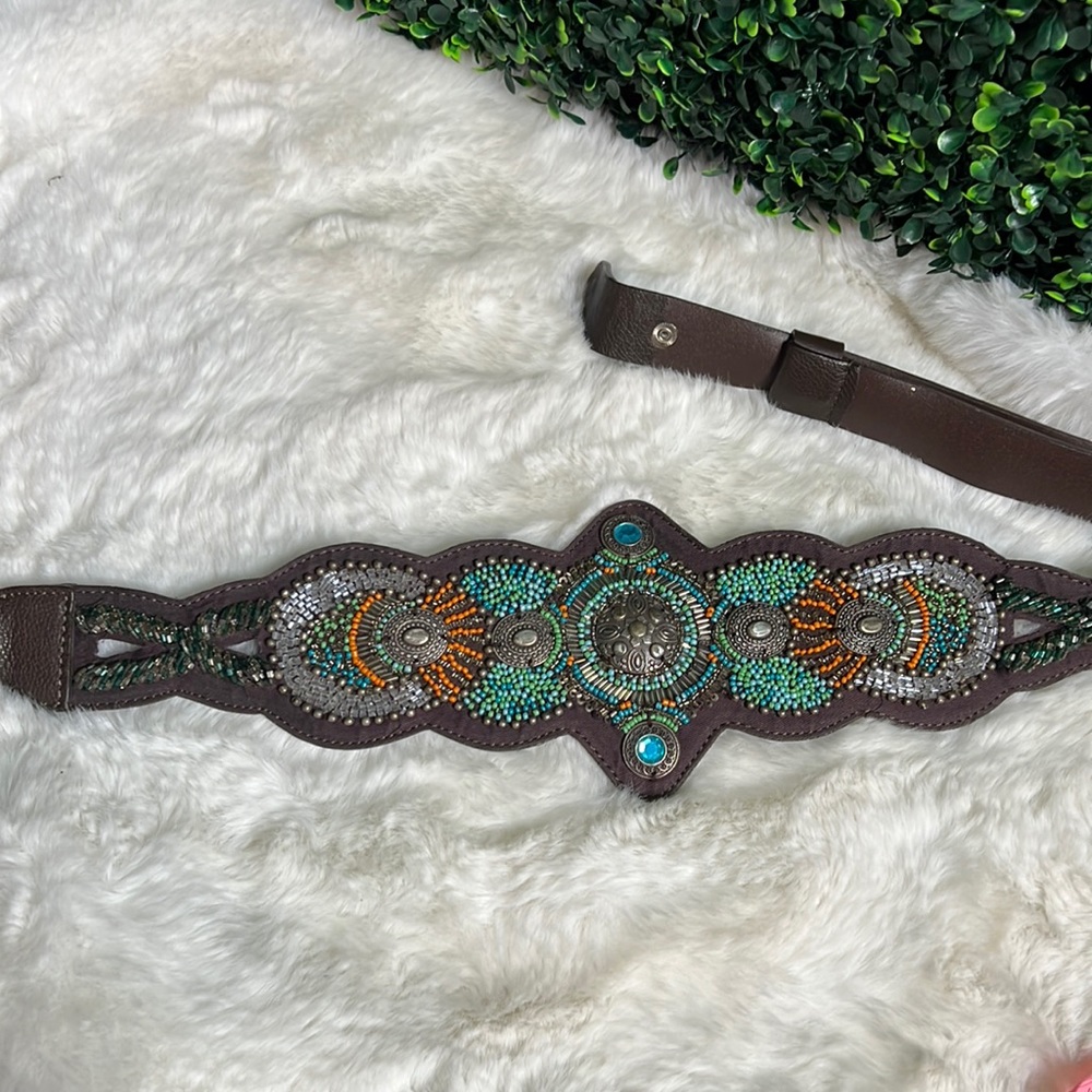 Chico's leather intricately beaded belt Sz Small Medium teal orange green brown